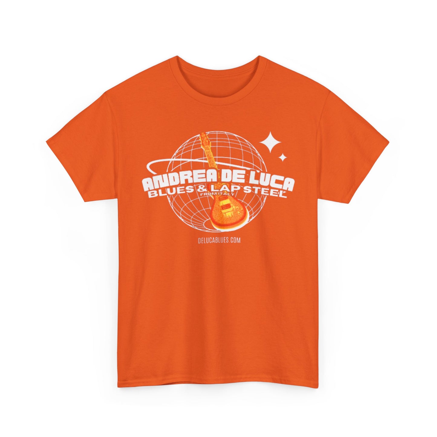 Guitar Globe Tee — Retro Orange Electric Guitar Graphic